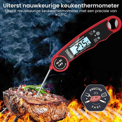 Digitale keukenthermometer die de temperatuur van vlees nauwkeurig meet boven open vuur.