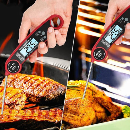 Digitale voedselthermometer die de kerntemperatuur meet van gegrild vlees op barbecue en oven.