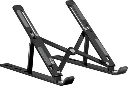 Zwart verstelbaar laptopstandaard van metaal met antisliprubber voor betere ondersteuning.
