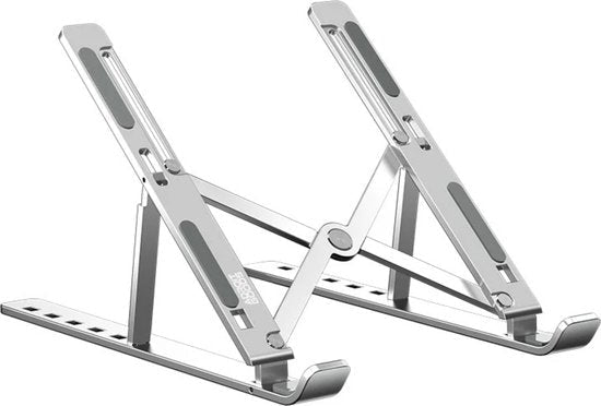 verstelbare zilverkleurige laptop standaard van metaal met antislip rubberen strips