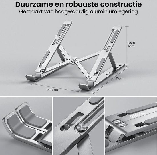 Verstelbare laptopstandaard van aluminium met duurzame en robuuste constructie, inklapbaar design