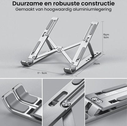 Verstelbare laptopstandaard van aluminium met duurzame en robuuste constructie, inklapbaar design