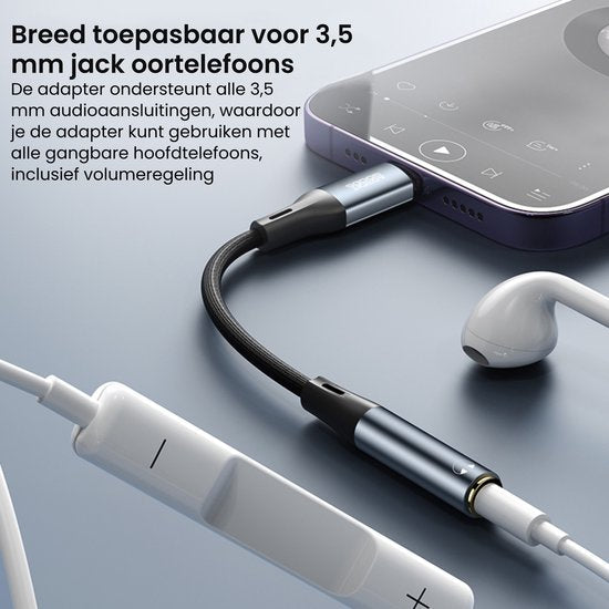 Adapterkabel met 3,5 mm jack voor oortelefoons aangesloten op smartphone in professionele setting