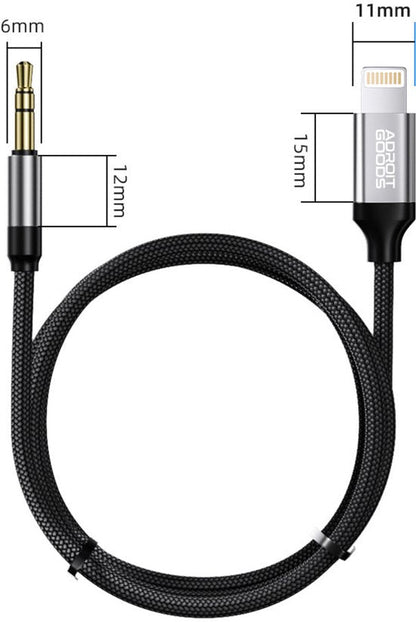 zwarte gevlochten kabel met een audiojack aan de ene kant en een lightning connector aan de andere kant