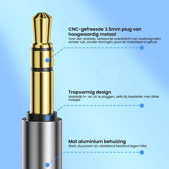 close-up van goudkleurige 3,5mm audioplug met mat aluminium behuizing en trapvormig design