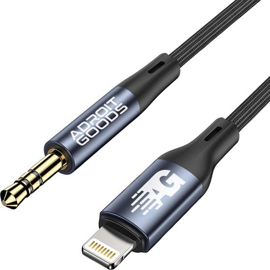zwarte audio kabel met metalen connectoren en kabelhoes van gevlochten nylon