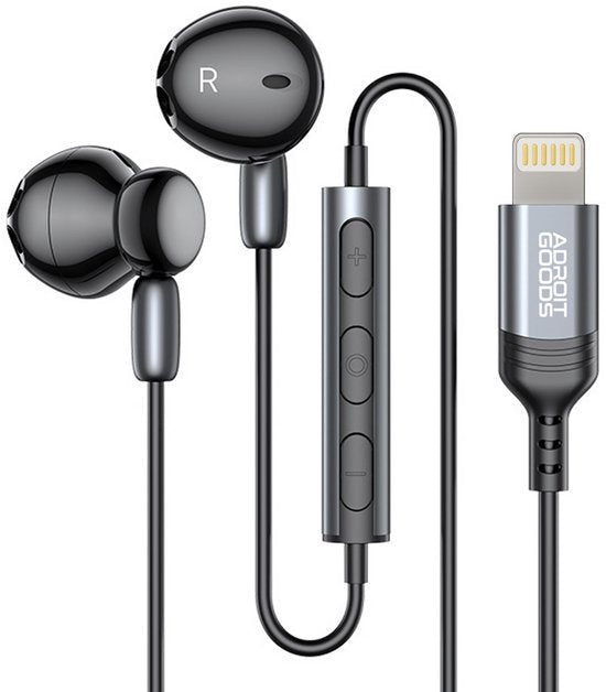 zwarte bedrade oordopjes met volume- en afspeelbediening en lightning connector