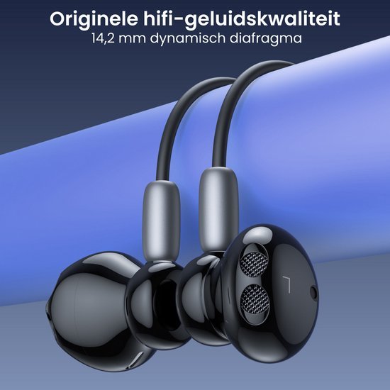 Zwarte oordopjes met kabel en hoogwaardig hifi-geluid met 14,2 mm dynamisch diafragma