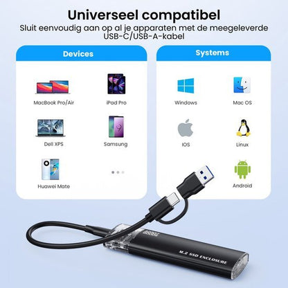 Universele externe SSD behuizing met USB-C en USB-A kabels, compatibel met diverse apparaten en besturingssystemen.