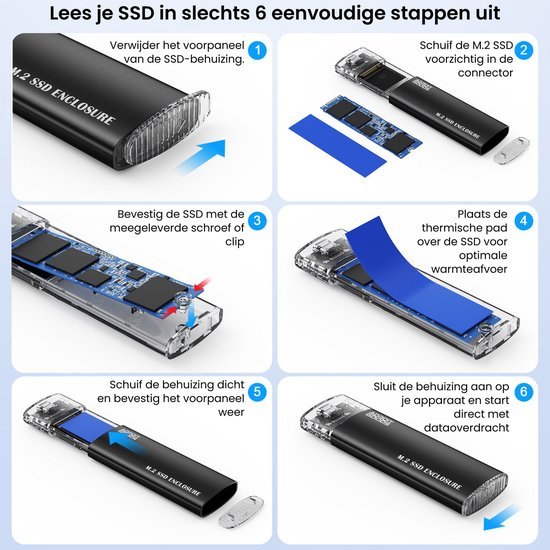 Stapsgewijze handleiding voor het monteren van een M.2 SSD in een zwarte behuizing.