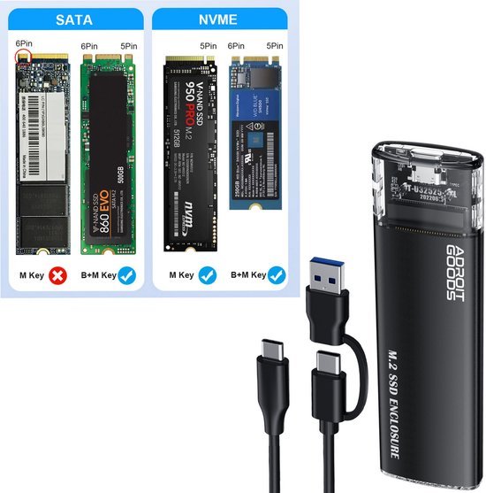 vergelijking van sata en nvme m.2 ssd's met adroitgoods behuizing en kabels voor dataoverdracht