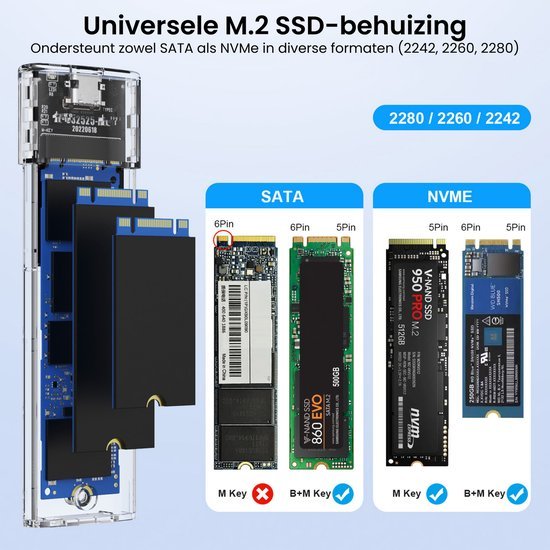 Uitleg over universele M.2 SSD-behuizing met ondersteuning voor SATA en NVMe formaten 2242, 2260, 2280