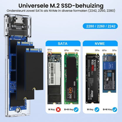 Uitleg over universele M.2 SSD-behuizing met ondersteuning voor SATA en NVMe formaten 2242, 2260, 2280