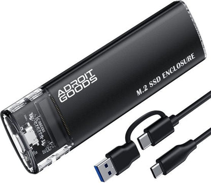 zwarte AdroitGoods M.2 SSD behuizing met meegeleverde USB-C naar USB-A en USB-C kabels