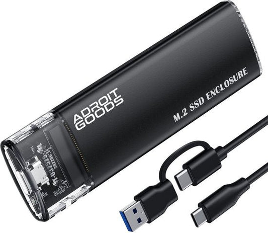 zwarte AdroitGoods M.2 SSD behuizing met meegeleverde USB-C naar USB-A en USB-C kabels