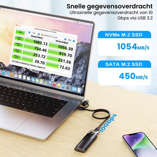 Laptop met snelle USB 3.2 verbinding en SSD snelheden van 1054 MB/s en 450 MB/s zichtbaar op scherm