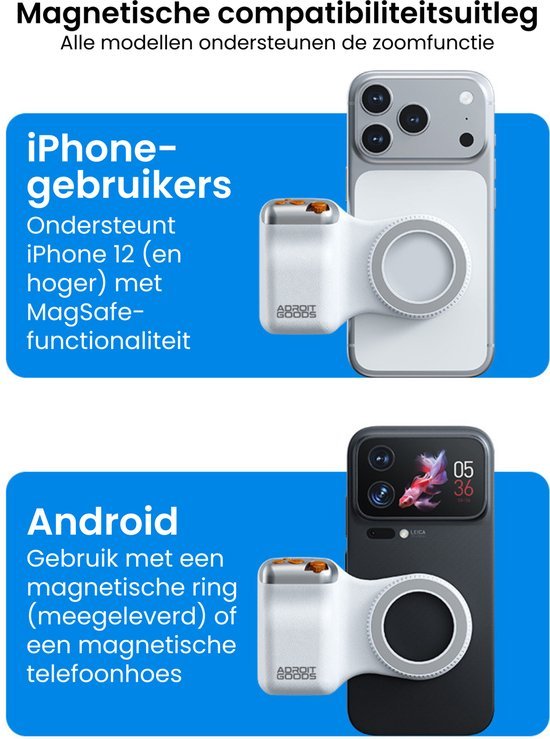 Compatibiliteitsuitleg van magnetische camera-accessoire voor iPhone en Android smartphones