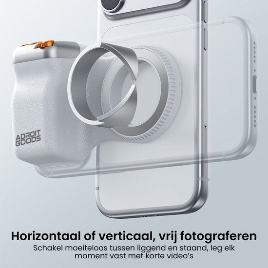 Witte smartphone cameraaccessoire met draaibare grip en aanpasbare ring voor betere grip