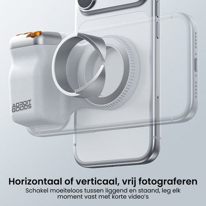 Witte smartphone cameraaccessoire met draaibare grip en aanpasbare ring voor betere grip