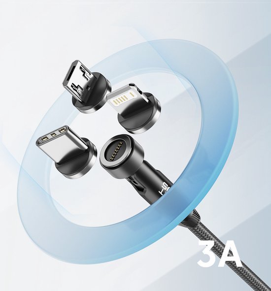 Zwarte magnetische oplaadkabel met drie verschillende connectoren voor veelzijdig gebruik