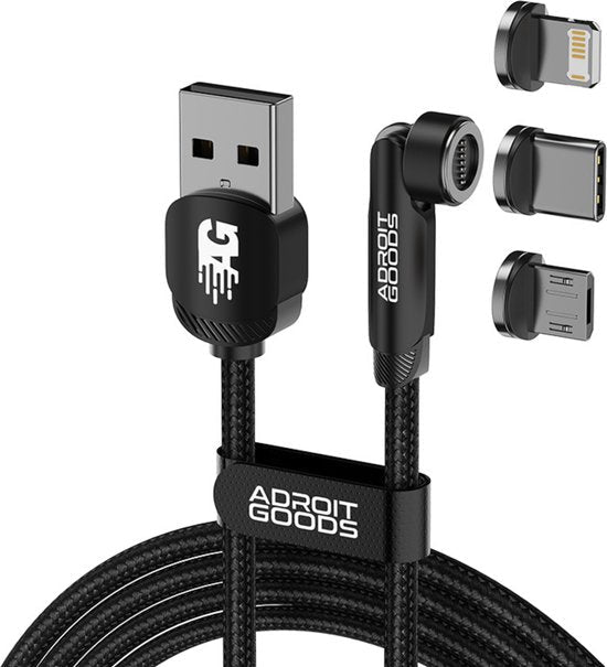 Zwarte AdroitGoods magnetische oplaadkabel met USB en drie verschillende connectoradapters