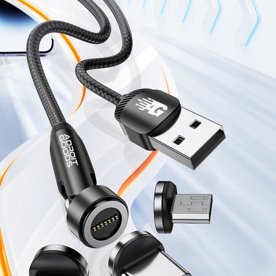 Zwart gevlochten magnetische USB-kabel met meerdere verwisselbare connectoren en AdroitGoods logo