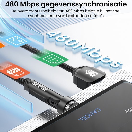 Zwarte datakabel aangesloten op een apparaat met 480 Mbps snelheid voor snelle synchronisatie