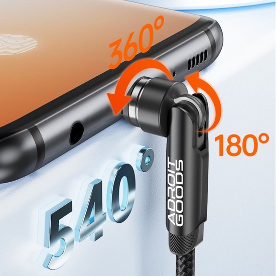 Zwarte AdroitGoods kabel met 360 graden draaibare en 180 graden kantelbare connector bij smartphone.