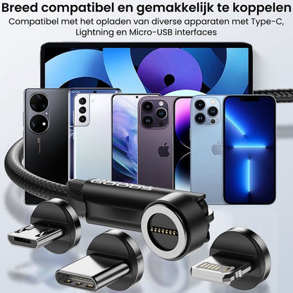 Oplaadkabel met magnetische koppen voor Type-C, Lightning en Micro-USB apparaten.