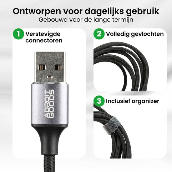 USB-kabel met versterkte connectoren, gevlochten design en organizer bandje voor dagelijks gebruik.
