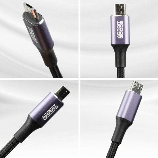 Close-up van een zwart gevlochten kabel met paarse AdroitGoods USB-connectoren meerdere hoeken