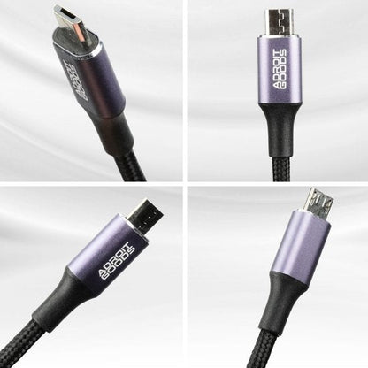 Close-up van een zwart gevlochten kabel met paarse AdroitGoods USB-connectoren meerdere hoeken