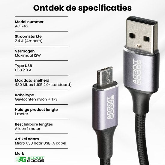Micro USB naar USB-A kabel van gevlochten nylon met specificaties en merk Adroit Goods zichtbaar.