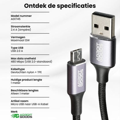 Micro USB naar USB-A kabel van gevlochten nylon met specificaties en merk Adroit Goods zichtbaar.