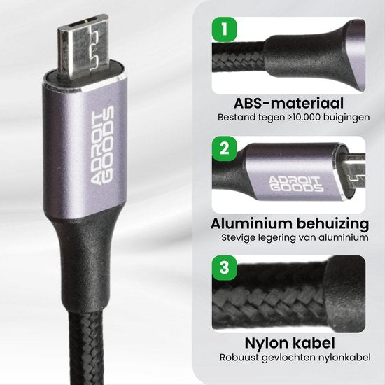 Duurzame micro-USB kabel met ABS materiaal, aluminium behuizing en robuuste nylon kabel