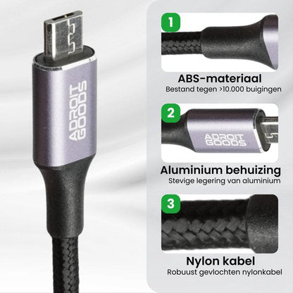 Duurzame micro-USB kabel met ABS materiaal, aluminium behuizing en robuuste nylon kabel