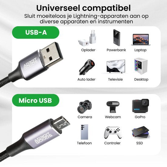 Zwarte universele kabel met USB-A en Micro USB aansluiting en compatibele apparaten.