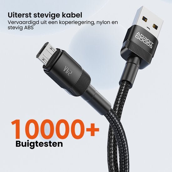 Zwarte stevige USB-kabel met nylon omhulsel en micro-USB aansluiting, getest op buigzaamheid