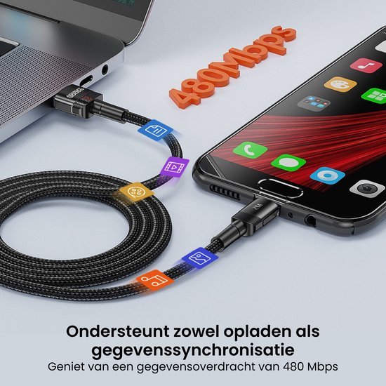 Zwart gevlochten kabel die smartphone en laptop verbindt voor opladen en gegevensoverdracht