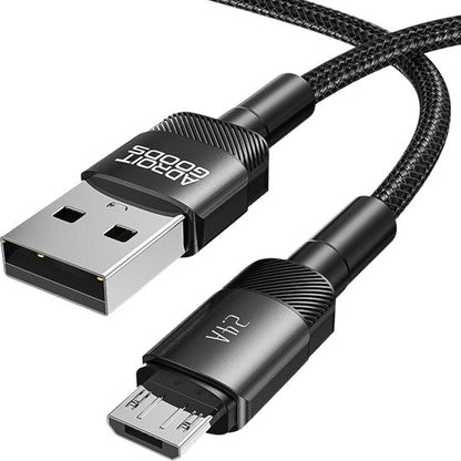Zwarte gevlochten USB-kabel met standaard USB en micro-USB connectoren en 2.4A vermogen