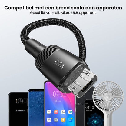 Zwarte gevlochten Micro USB-kabel met metalen connectoren en 2.4A laadcapacititeit naast smartphones