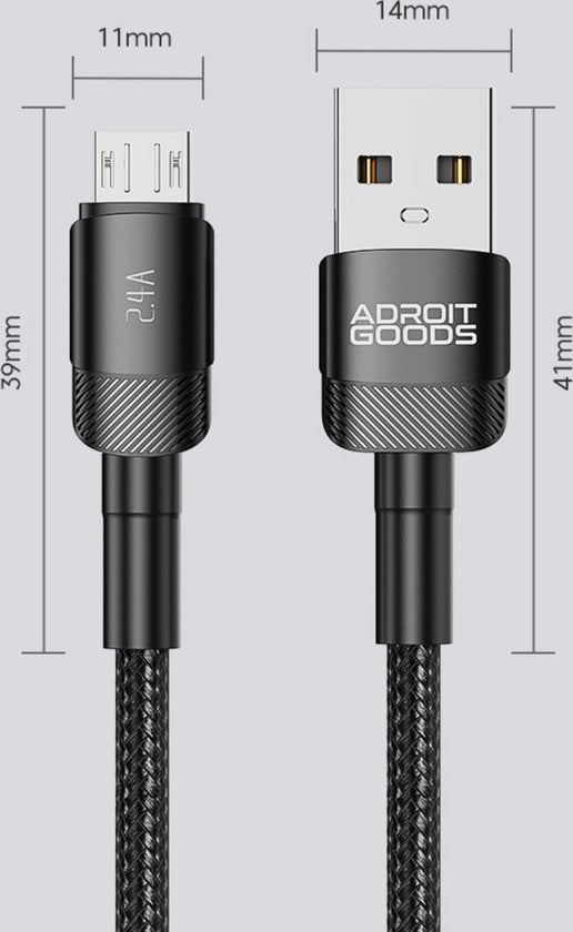 Zwarte gevlochten USB-kabel met micro-USB en USB-A connector, afmetingen weergegeven