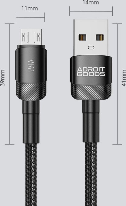Zwarte gevlochten USB-kabel met micro-USB en USB-A connector, afmetingen weergegeven