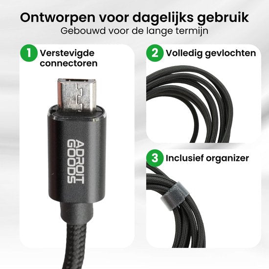 Zwarte gevlochten kabel met versterkte connectoren en bijgeleverde organizerband