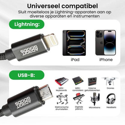 Universele adapterkabel met Lightning en USB-B aansluiting voor diverse apparaten en muziekinstrumenten
