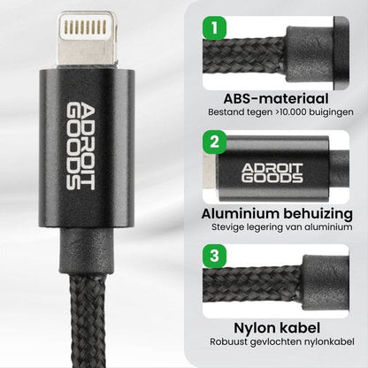 Zwarte kabel met aluminium behuizing, gevlochten nylon kabel en duurzaam ABS-materiaal.