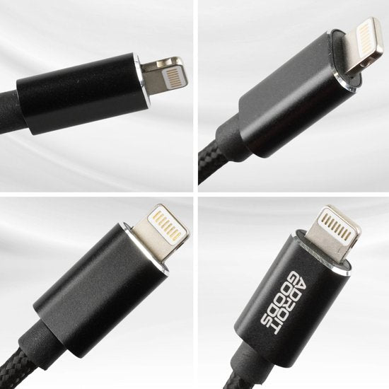 Zwarte nylon gevlochten oplaadkabel met metalen connector en AdroitGoods logo zichtbaar.