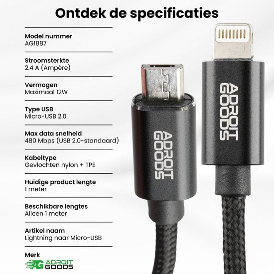 zwart gevlochten nylon oplaadkabel met micro-USB en lightning connectoren van AdroitGoods