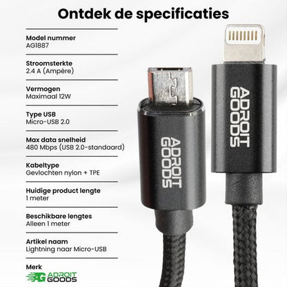 zwart gevlochten nylon oplaadkabel met micro-USB en lightning connectoren van AdroitGoods