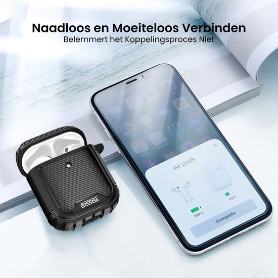 Zwarte beschermhoes voor draadloze oordopjes naast smartphone met verbindingsscherm open